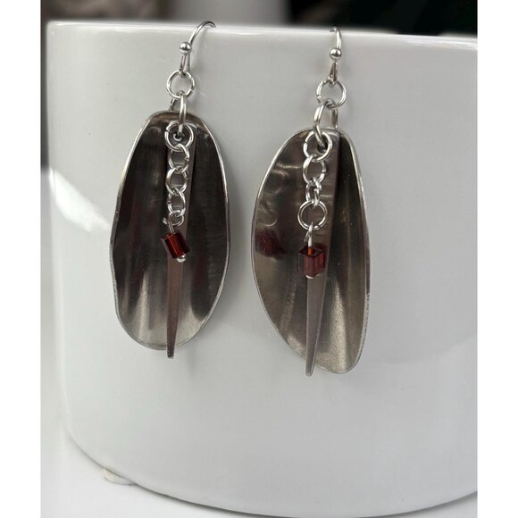 Handmade Spoon Fork Tine Earrings: Metal Spike beaded dangle earrings - Picture 1 of 6